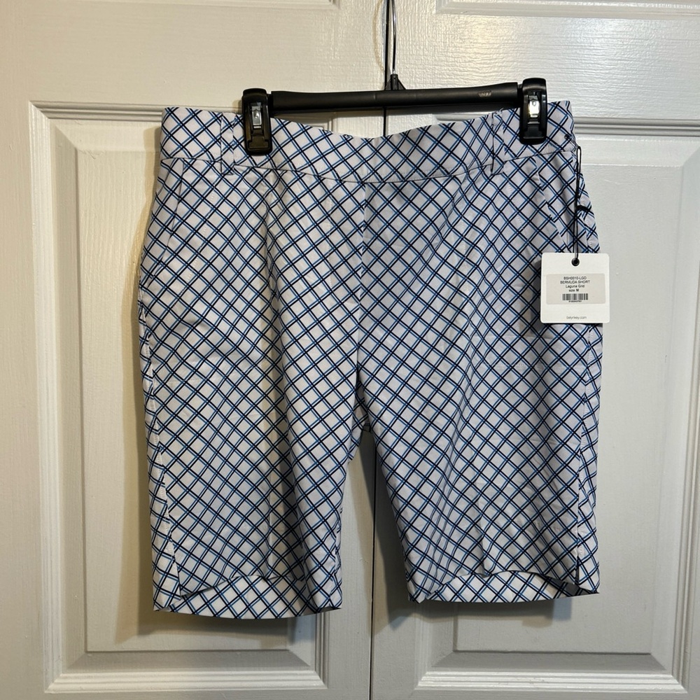 NWT Belyn Key Golf Bermuda Shorts Size M Medium Pull-On Blue White Striped Grid